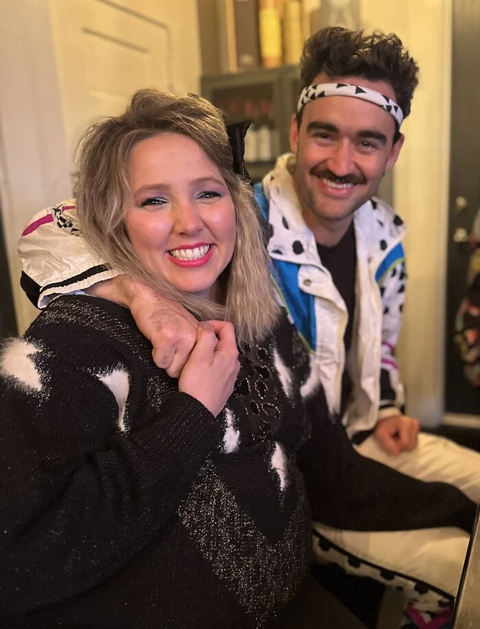 Jen and Colby in 80s workout costumes